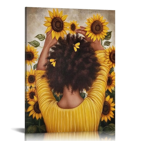 African American Wall Art Sunflower Black Woman Canvas Print Black Girl and Flower Painting Inspirational Black Art Home Decor for Bathroom Living Room Bedroom