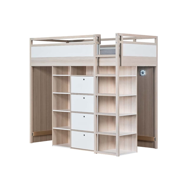 litera vox muebles con colchón individual y estantes contemporáneo natural; vista frontal 3/4 de litera alta para colchón individual europea 90 x 200 con estructura en HDF color natural, barandales y escalera central; columna central con cuatro cajones blancos empotrados y estantes abiertos laterales para libros, juguetes y ropa doblada, funciona como biblioteca y cómoda integrada.