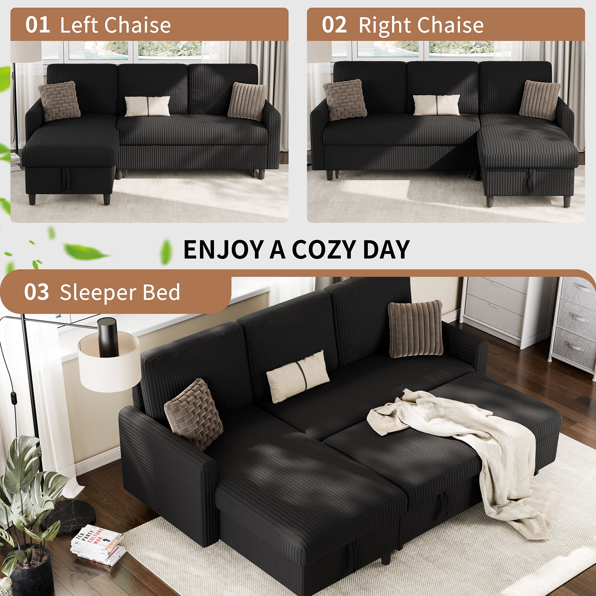 Walsunny Pull Out Sectional Sleeper Sofa Bed L Shape Couches with Reversible Storage Chaise for Living Rooms Small Rooms Apartment,Black
