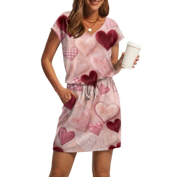 Women s Casual Valentine Heart Print Dress V Neck Short Sleeve Drawstring Waist with Pockets Soft Comfortable Loungewear Nightgown for Home Daily Wear Multiple Colors