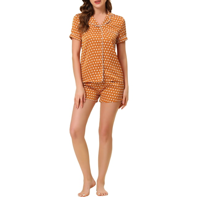 INSPIRE CHIC Womens Short Sleeve Notch Collar Piped Button Down Sleepwear Polka Dots Pajama Sets X-Small Dark Blue
