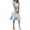 thumbnail image 2 of Smsaxvxz Women's Summer Dresses Fashion Floral Printed V Neck Short Sleeve Slim Waist Casual Flowy Hem Knee High Beach Vacation Sundress Light Blue 01 2XL, 2 of 7