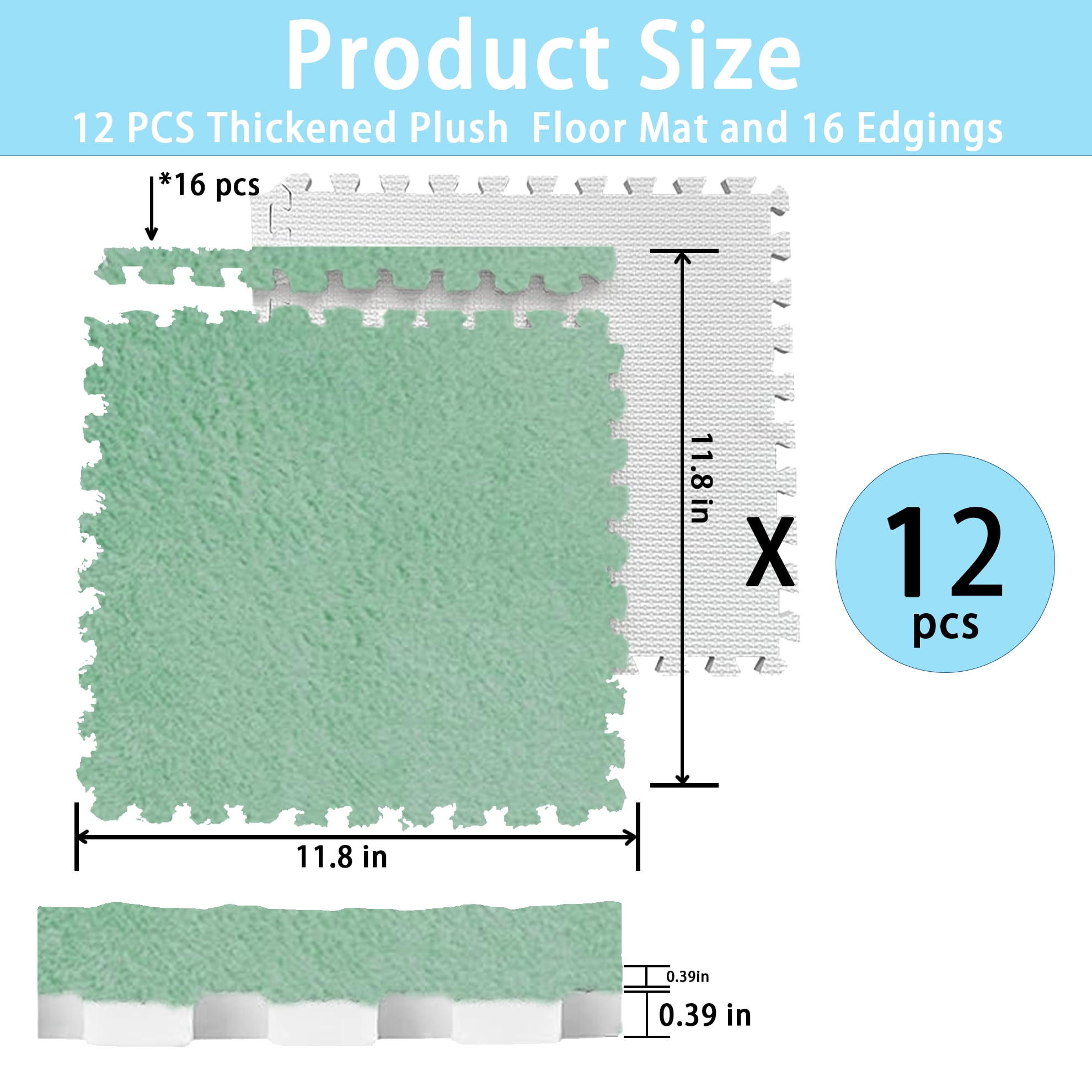 Interlocking Carpet Shaggy Soft EVA Foam Mats Fluffy Square Thickened Plush Tiles Protective Floor Tiles Exercise Play Mat for Children Kids Room Home Parlor Bedroom (Mint Green, 12 Pcs)