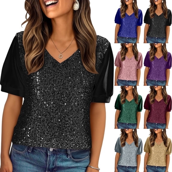 Laqbezok Women V-Neck Sequin Sparkly Velvet Short Puff Sleeve Party Top Fashion Sparkle Outfit