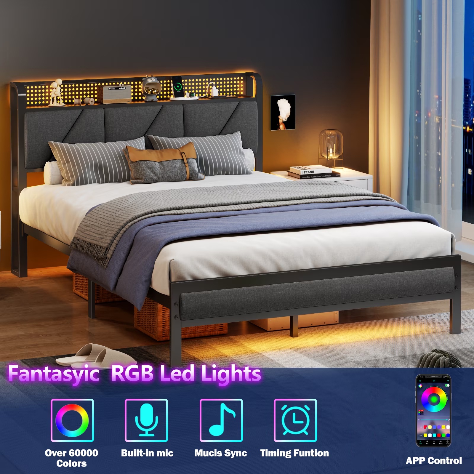 Satifur Full Platform Bed with LED Lights and Charging Station photo 3