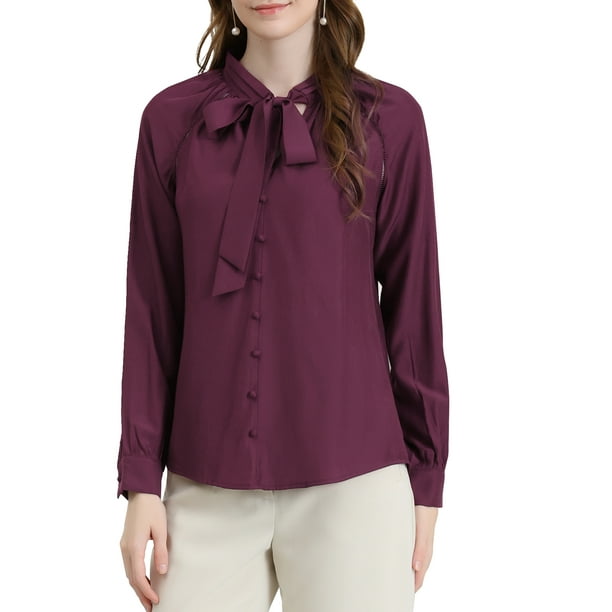 Camisa de moda de manga larga con cuello de lazo para mujer, decoración de botones, color vino