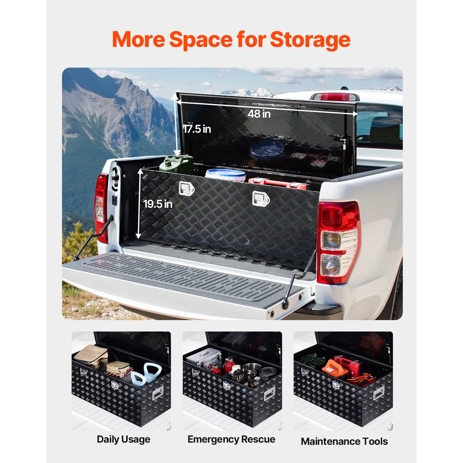 KFFKFF Heavy-Duty Aluminum Truck Bed Tool Box, Textured Storage Box with Side Handles and Locking Mechanism, Organizer Chest for Trailers, Pickups, Truck Beds, and RVs, 48"x19.5"x17.5", Black