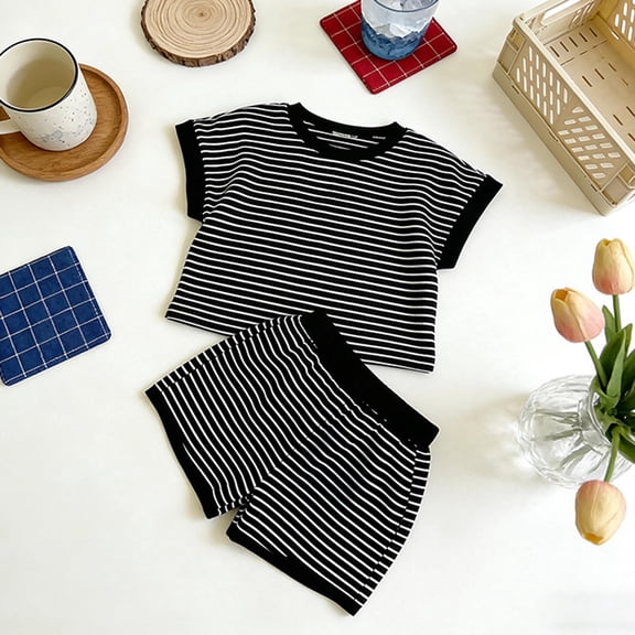 hengsof Toddler Girls Fashion Striped Short Sleeve T-Shirt 2 Piece Set Summer Round Neck Top Elastic Waist Shorts Casual Home Outfit for Kids 1-10 Years