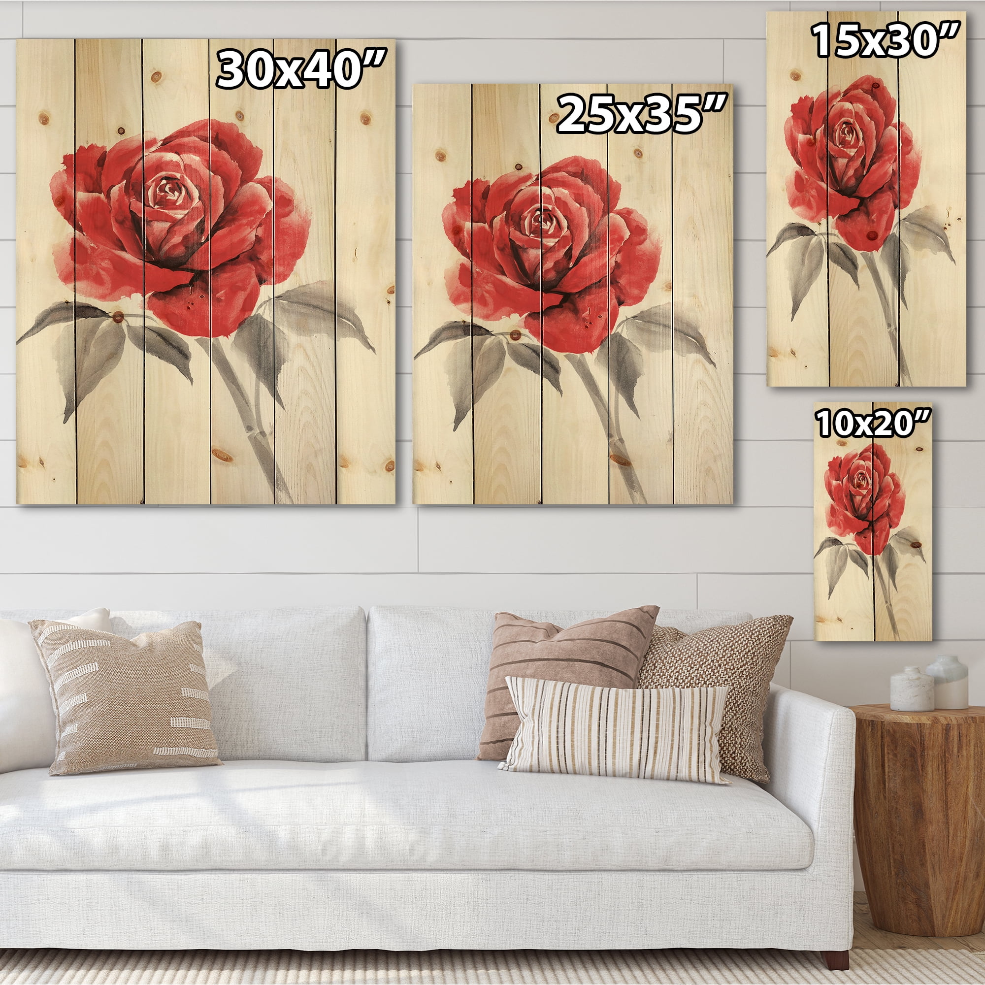 Designart 'Ancient Red Rose Flower I' Traditional Print on Natural Pine Wood