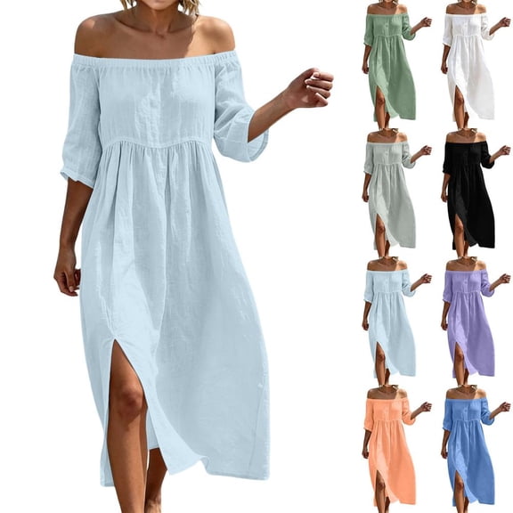 Bxsruta Women's Off the Shoulder Midi Dress Three Quarter Sleeve High Waist Flowy Split Beach Sundress Casual Pull on Elegant Fit and Flare a Line Summer Vacation