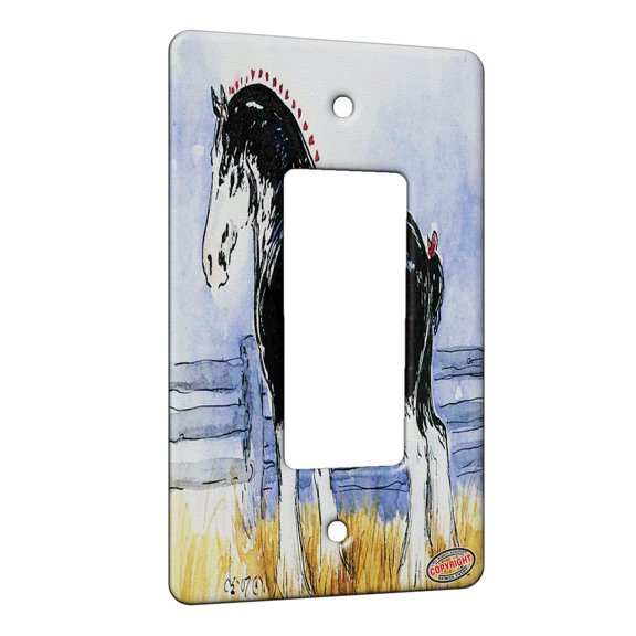 KuzmarK™ 1 Gang Rocker Wall Plate - Black Clydesdale Draft Horse Art by Denise Every