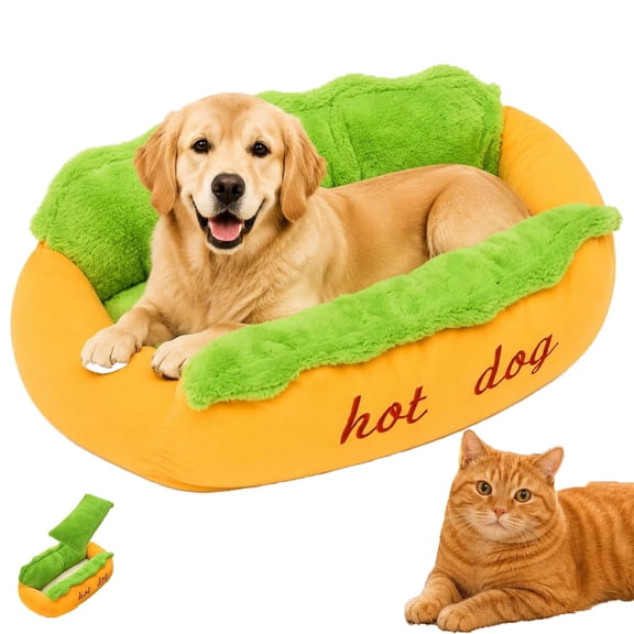 Hot Dog Bed for Dachshund, Small Dogs Cats Washable Plush Pet Bed Sofa, Soft Cozy Puppy Bed with Non-Slip Bottom (L)