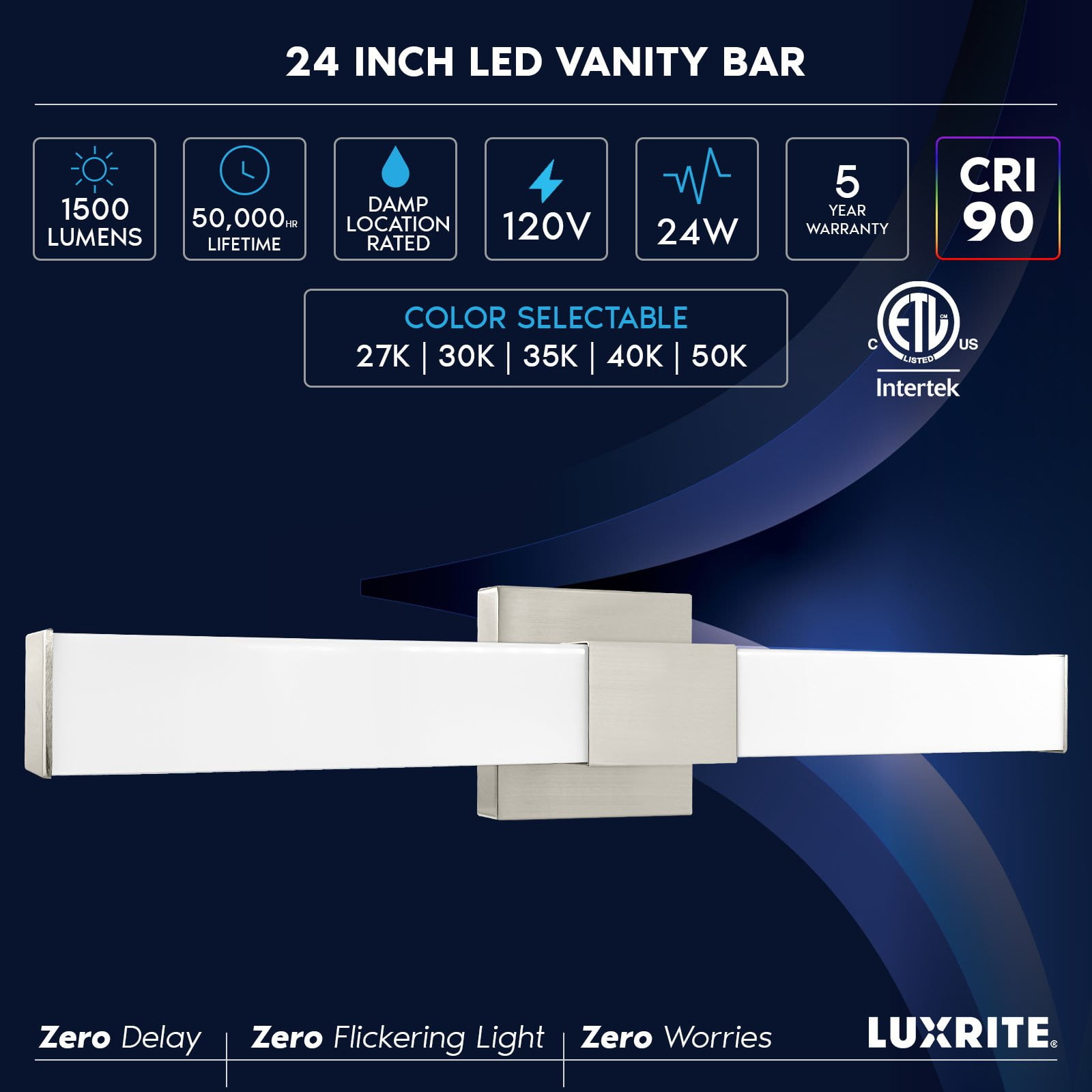 Luxrite LED Bathroom Vanity Light Fixtures Square 24 Inch Brushed Nickel 5 CCT 2700K-5000K 24W 1500 Lumens Dimmable