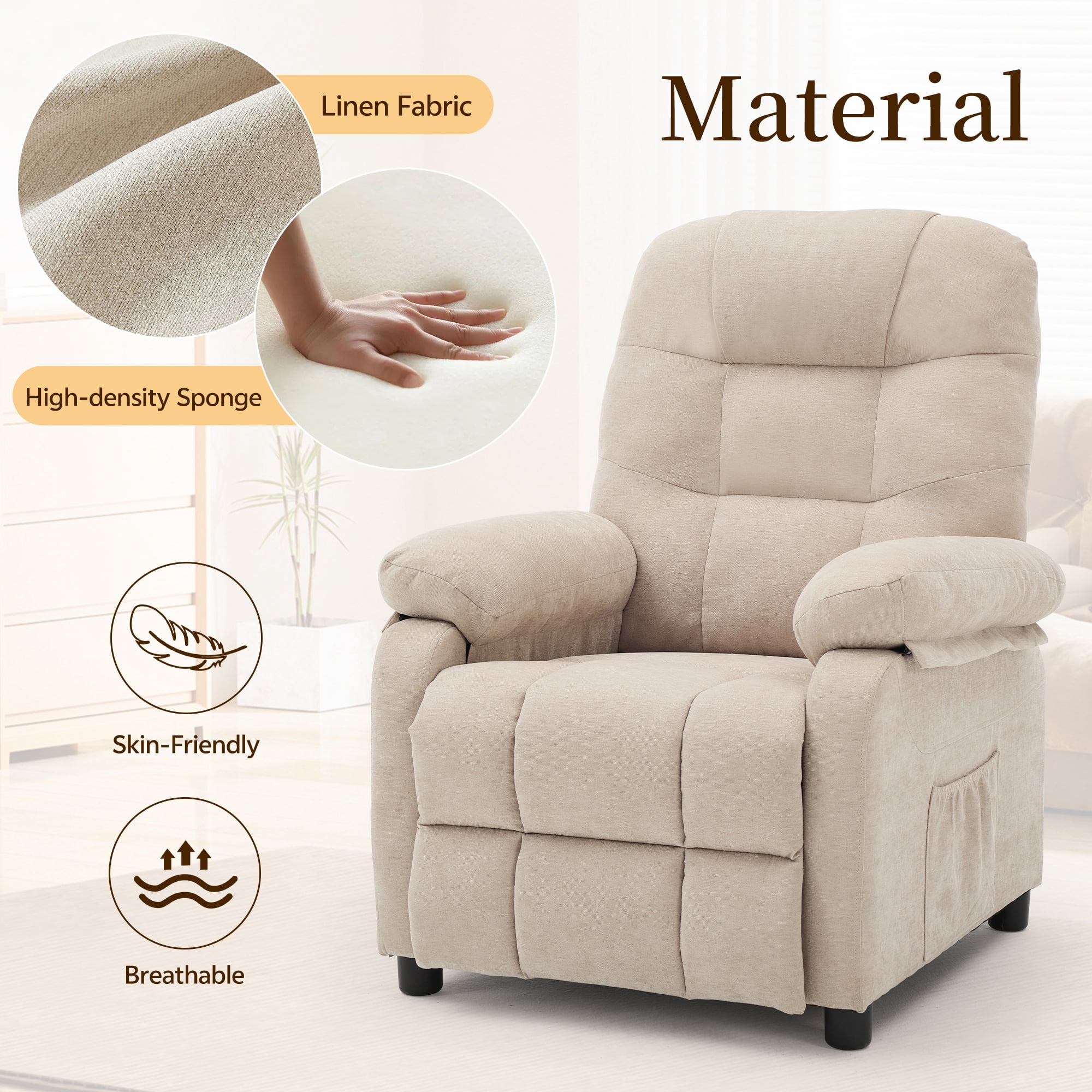 Korser Recliner Chairs for Adults with Fixed Base Push Back Recliner Chair for Living Room,Small Recliner Sofa for Small Spaces,Linen Fabric,Khaki