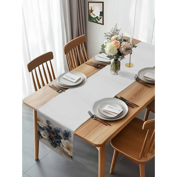 Burlap Table Runner 90 Inches Long, Navy Blue White Flowers Non-Slip Kitchen Table Runners for Dining Room Everyday Use Party Table Decorations Country Floral Art