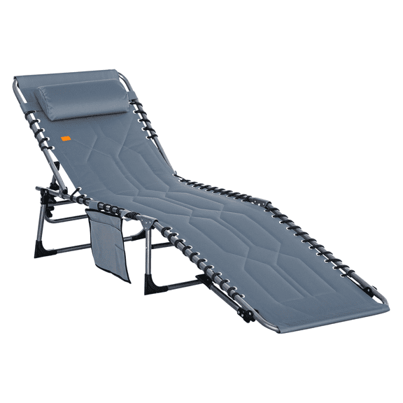 Folding Chaise Lounge Chair, Outdoor Reclining Beach Chair with Headrest - 6 Positions, Padded, Portable Camping Tanning Chair for Patio, Pool, Gray