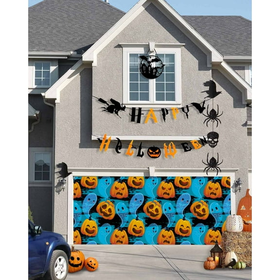 Halloween Garage Door Banner Cover 7 x 8 ft, Halloween Pumpkin and Ghost Halloween Garage Door Decorations Holiday Halloween Backdrop Decor for Halloween Party