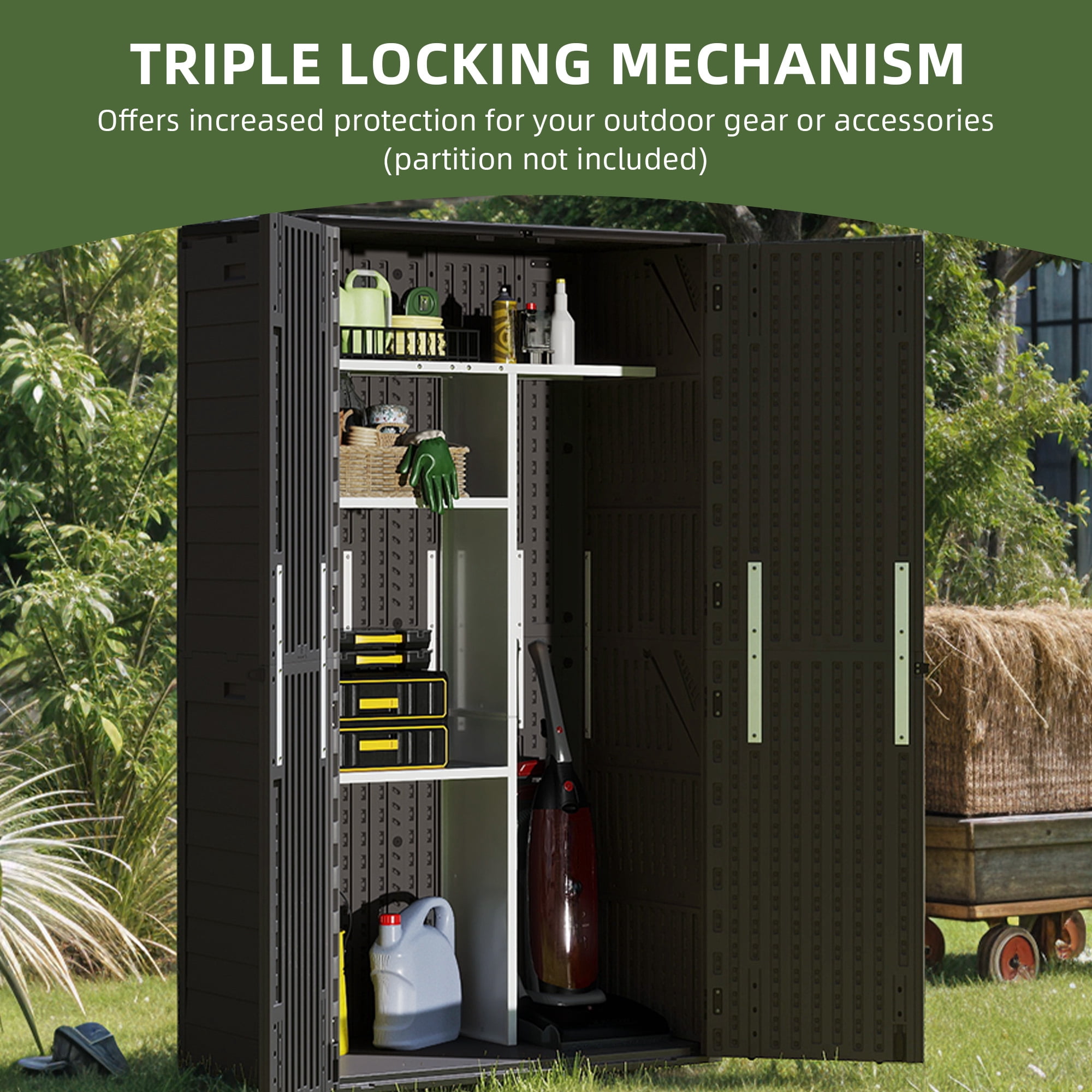 Craftian Outdoor Vertical Storage Shed, 25 Cubic Feet with Shelving for Bicycles, Garden Tools, Garage, Poolside, Dark Gray & Black