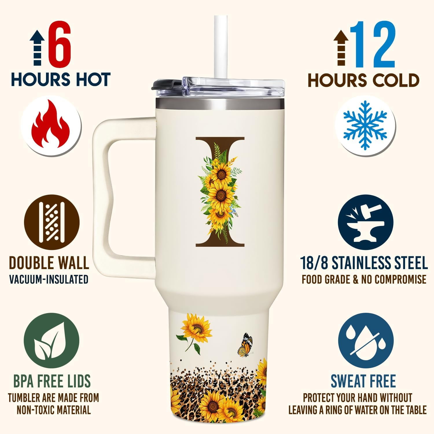 Personalized Birthday Gifts For Women - Sunflowers Monogrammed Cup For Boss Day, Christmas - Customized Gifts For Women, Mom, Wife, Coworkers, Boss Lady, Her - Custom Tumbler With Handle 40oz