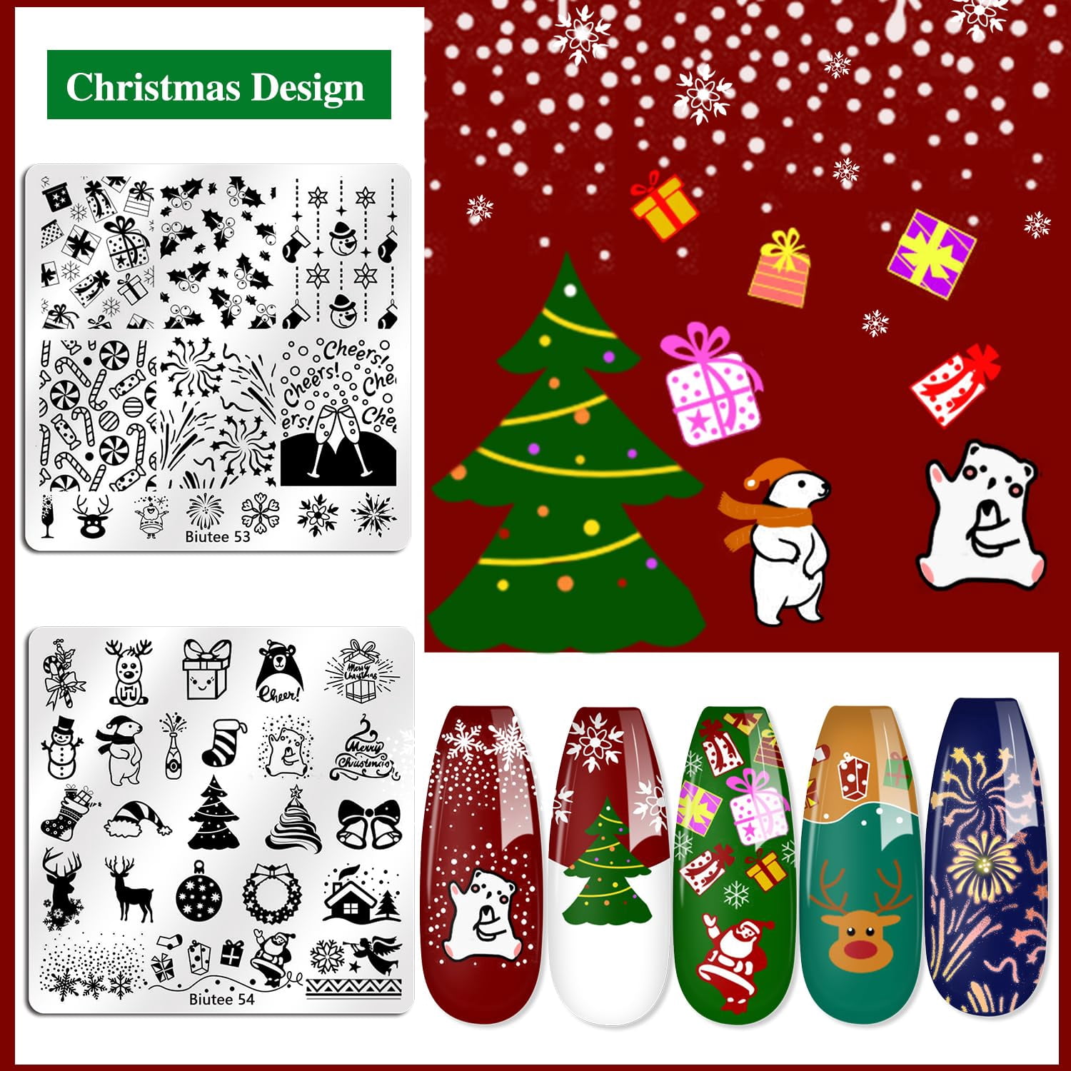 Biutee Nail Stamp Plates Set 15pcs Nail Plates 8pcs Stamp Gel 1pc Nail Stamper Scraper Set Storage Bag Gift Box Nail Stamp Template Kit Lace Flower Star Holiday Design for Halloween Christmas Gift