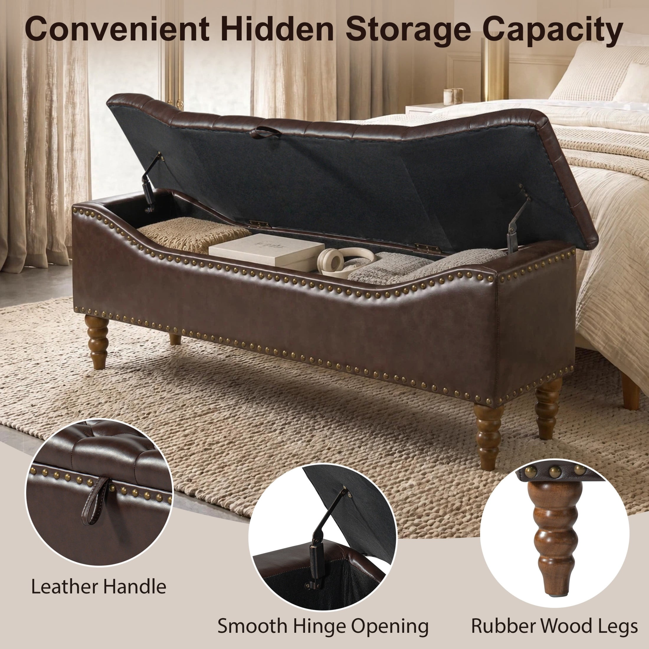 Christopher Knight Home PU Leather Storage Bench, Button-Tufted Ottoman with Nailhead Trim, Dark Brown
