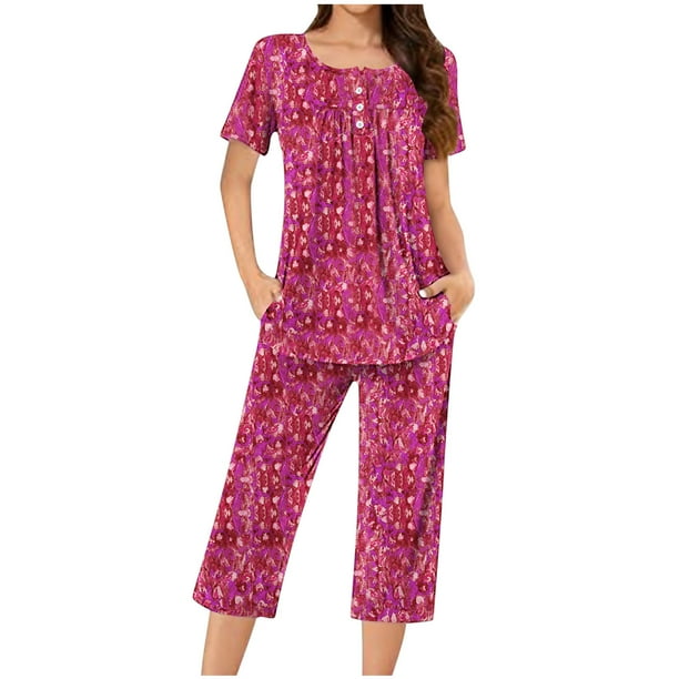 Sexy Pijama Conjunto para las Mujeres Cuello Redondo Blusa de Manga Corta Y Pantalones, Traje de Moda Casual para el Hogar Y Diario