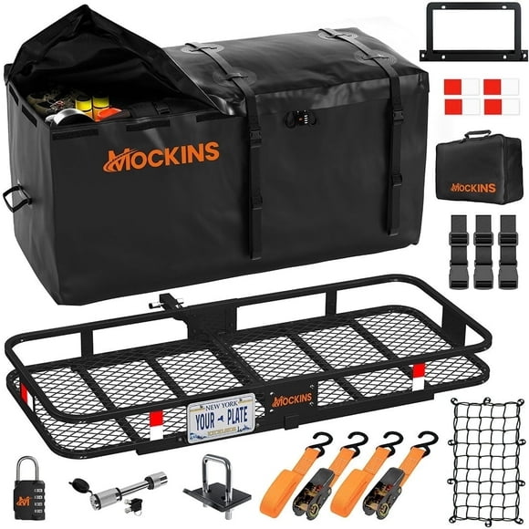 Mockins 60"x24"x6" Trailer Hitch Cargo Carrier with 25 Cu.Ft. Black Cargo Bag and Accessories