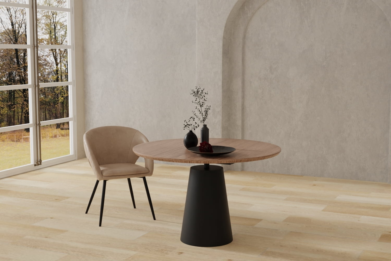 Walnut Wood Top 48" Round Dining Table w/Black Powder Coating Pedestal Base