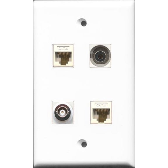 RiteAV 1 Port 3.5mm and 1 Port BNC 2 Port Cat6 Ethernet White Wall Plate