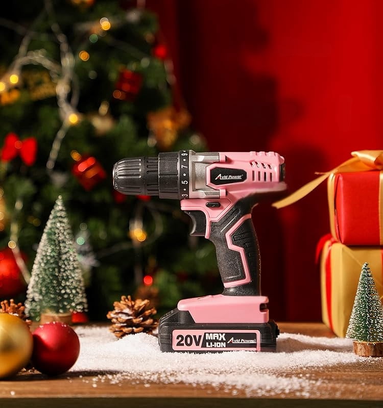 20V MAX Lithium lon Cordless Drill Set, Power Drill Kit with Battery and Charger, 3/8-Inch Keyless Chuck, Variable Speed, 16 Position and 22pcs Drill Bits (pink)