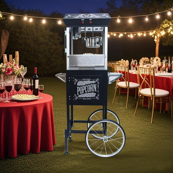 siu want 8 oz. Commercial Popcorn Machine with Cart - Stainless Steel Kettle, Heated Warmer & Old Maids Drawer for Home Theater and Parties