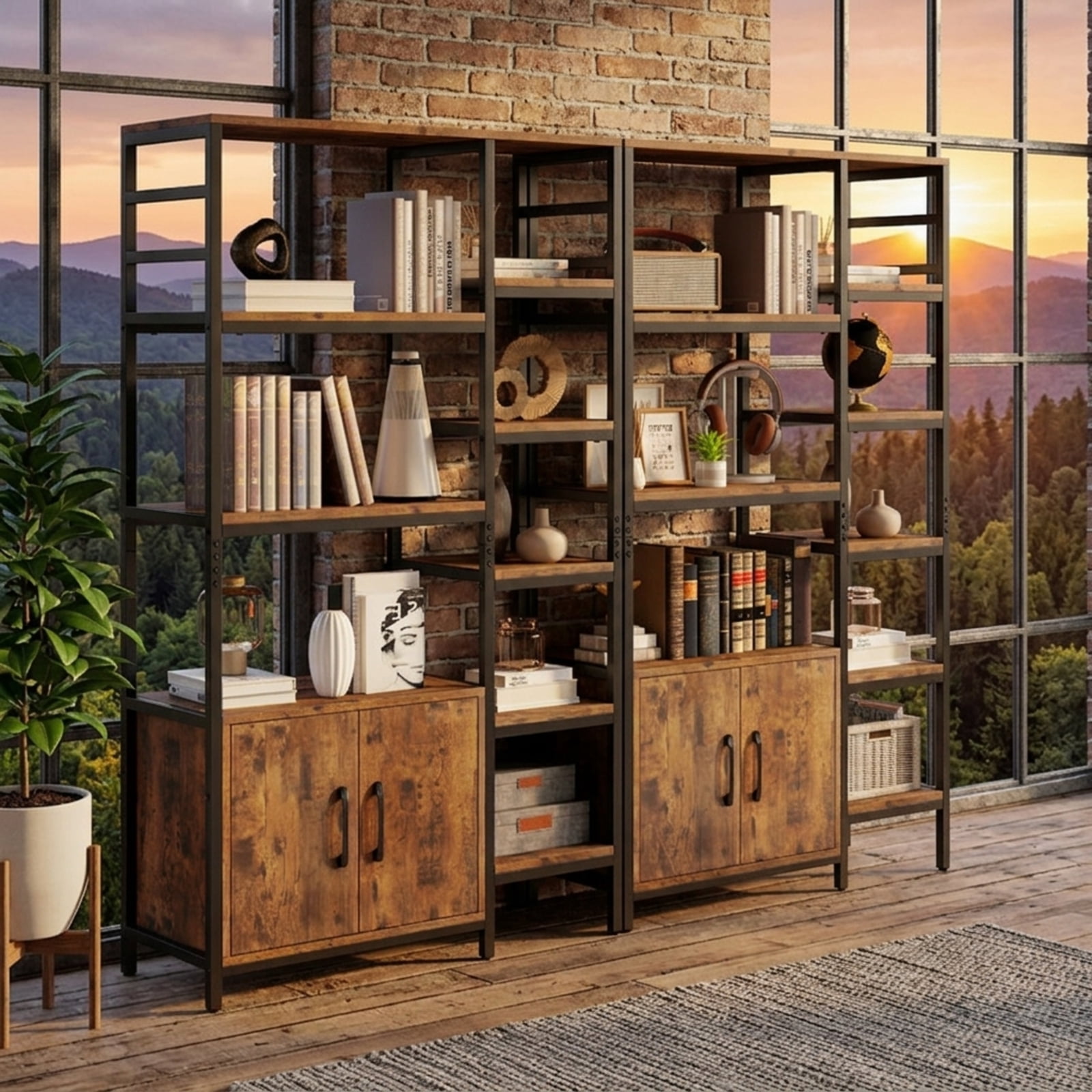Furnibear Double Wide 8-Tier Bookshelf with 2-Door Cabinet for Living Room Home Office for Living Room Home Office Bedroom Display, Rustic Brown
