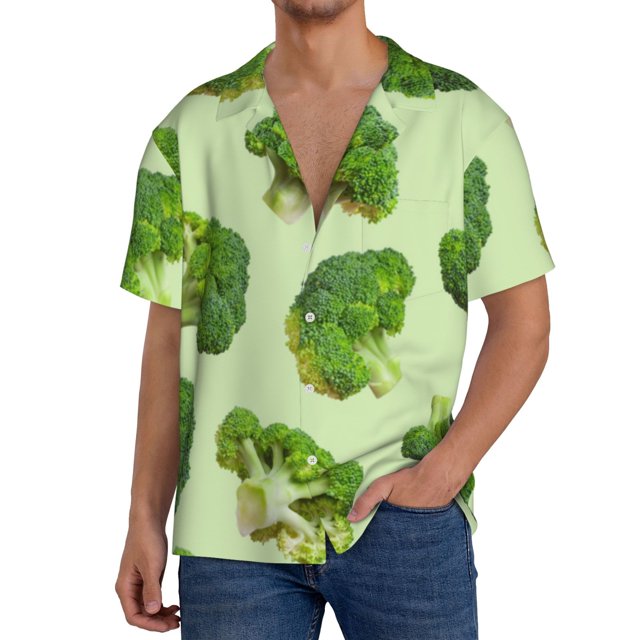 Balery Broccoli 3 Camisa Casual de Manga Corta con Botones para Hombre, Texturizada, Estilo Cubano, para Playa, Verano-XX-Large