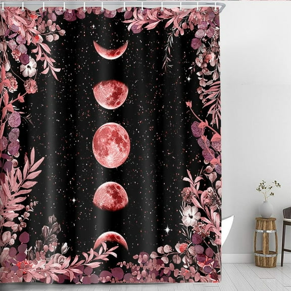 Moon Phase Shower Curtain, Aesthetic Pink Moon Moonlit Celestial Night Garden Plants Herbs Botanical Floral Sky Gothic Bathroom Decor Bath Curtain 12 Hooks Fabric Polyester Washable, Boho Curtains