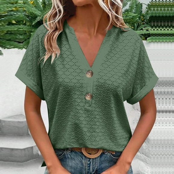 Womens Tops Plus Size Short Sleeved Button V-neck Casual Solid Color T-shirt Army Green XXL