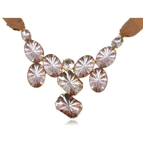 Smokey Quartz Topaz Brown Coffee Crystal Rhinestone Stones Bib Ribbon Necklace