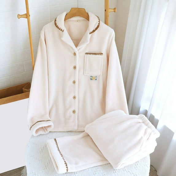 Womens Flannel Pajama Set, Soft Long Sleeve Pajamas & Long Pants with Pockets, Warm Button-up Fleece Sleepwear Lounge Pjs M-XL