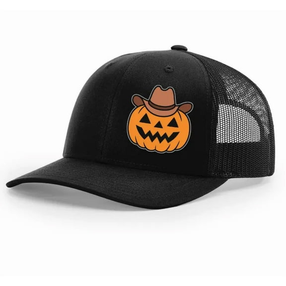 Jack-o'-Lantern Hat, Western Pumpkin Patch Trucker Hat, Halloween Outfit Accessory, Spooky Fall Gift for Cowboy Lovers.