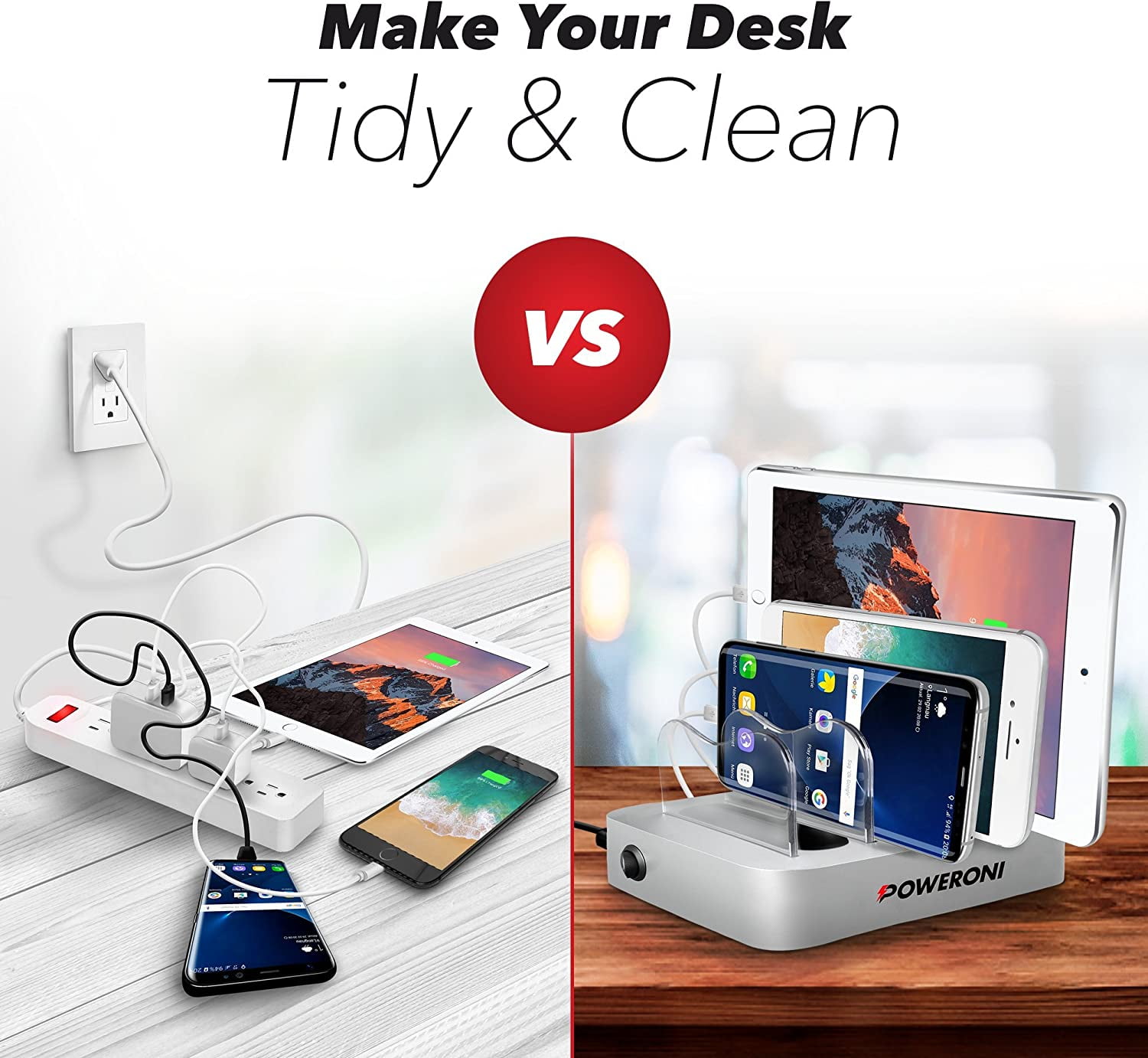 Poweroni USB Charging Station Dock - Fast Charge Docking Station for Multiple Devices - Multi Device Charger Organizer - Compatible with Apple and Android (Silver 4-Port)