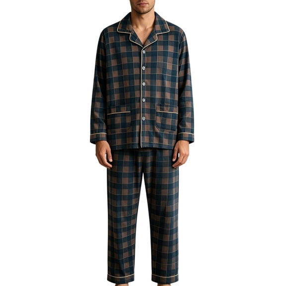 Kyntgho Men's Two Piece Pajama Set, Plaid Button Front Pajama Shirt with Chest Pocket and Long Pants, for Comfortable Home Wear