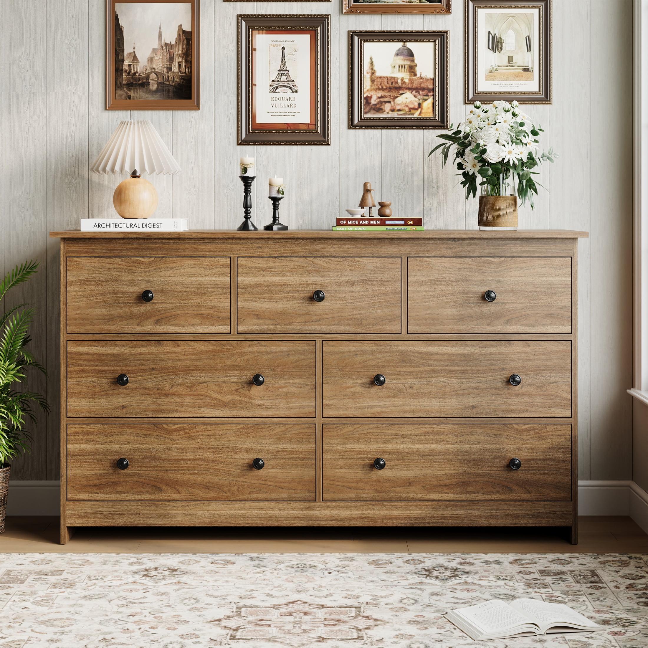 YouTrend 7 Drawer Dresser, Modern Brown Chests of Drawers Wood Adult Storage Cabinet for Bedroom Living Room Hallway