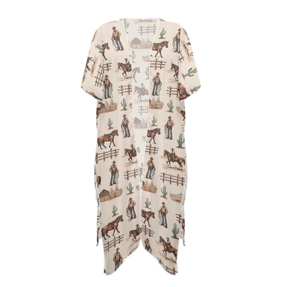 Xoenoiee Horse Cactus Fence Print Women's Swimsuit Cover Up Lightweight Summer Kimono Cardigans 2026 Short Sleeve Coverups Spring Boho Beach Vacation Clothes