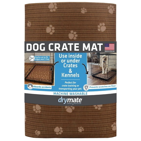 Drymate Dog Crate Mat Liner, Absorbent, Waterproof, Non-Slip, Machine Washable, Use Under Pet Cage to Protect Floors, Customizable, Brown Stripe Tan Paw, 27" x 42"