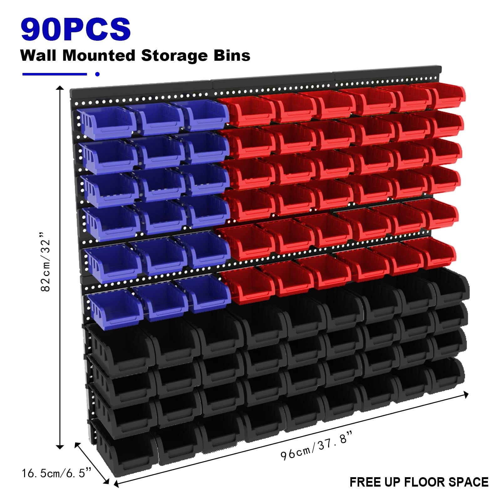 Extra Large 90PCS Wall Mounted Storage Bins Organizer, Plastic Screw & Bolt Storage Rack with Pegboard, Nut & Hardware Organizer for Garage, Workshop, Craft Room (Red & Black& BLue)