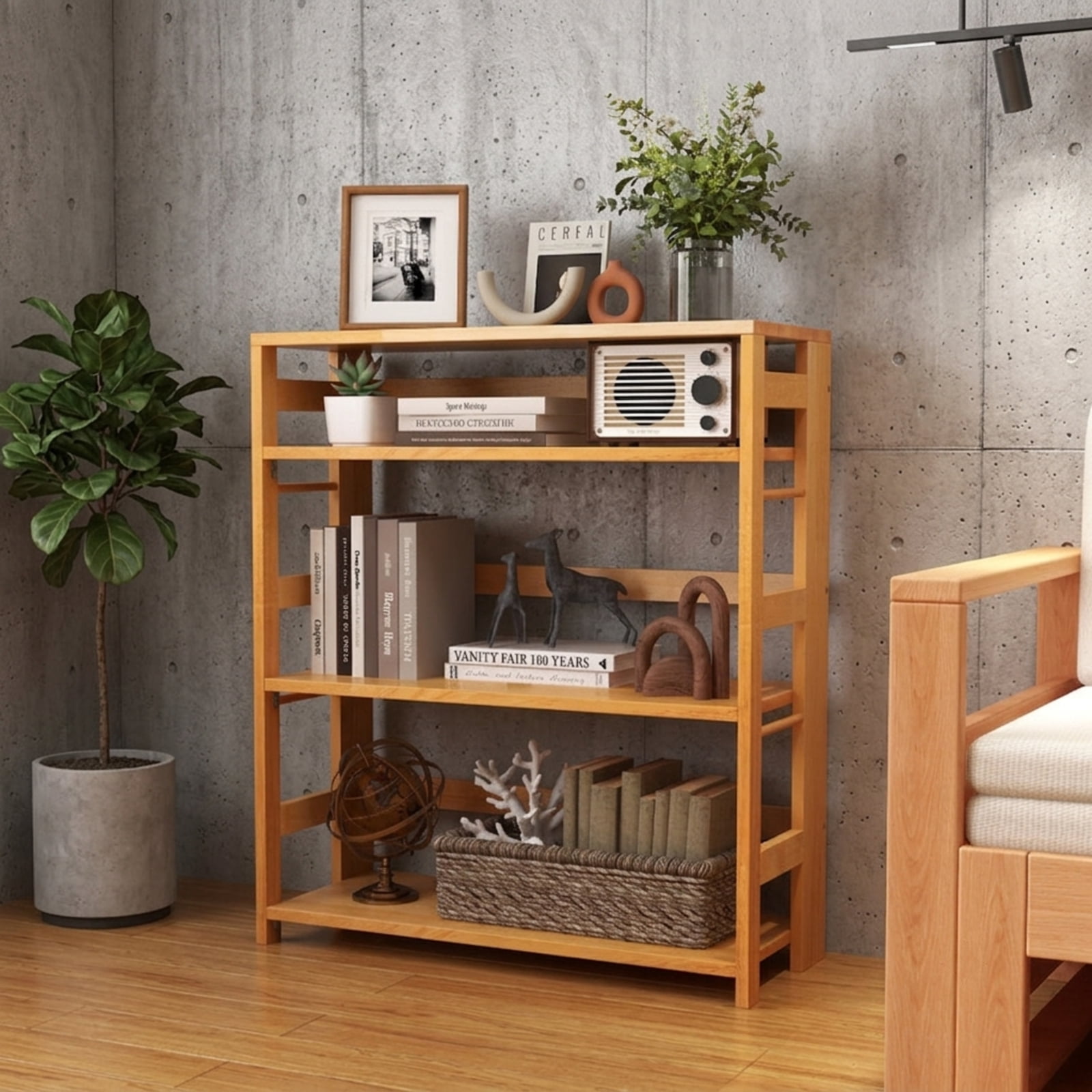 Furnibear 4-Tier Bookshelf Rubber Wood Bookcase with Side Fences for Living Room-29.5 inches for Living Room Home Office Bedroom Display, Natural