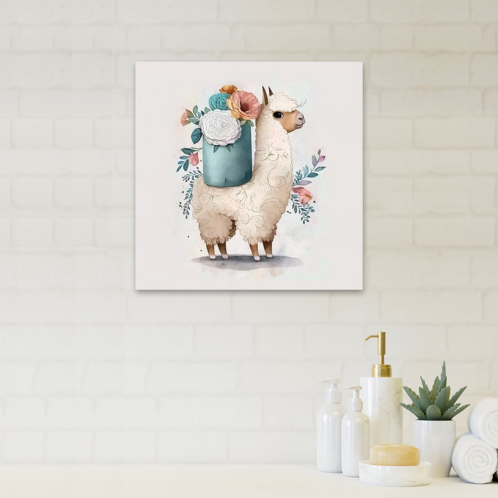 Designart Llama Building A Tower Of Toilet Paper With Flowers III Canvas Wall Art