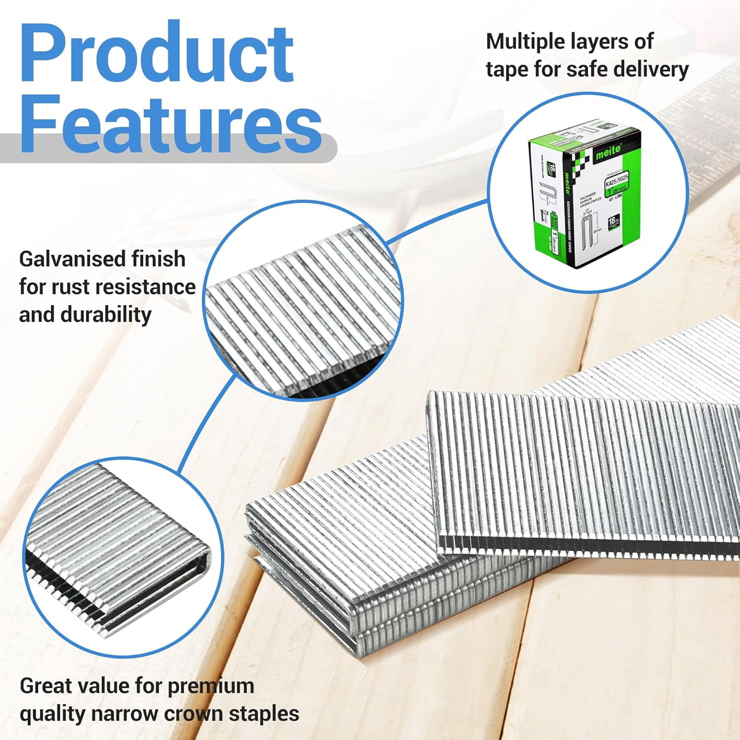 MEITE 18GA 1/4" Narrow Crown Galvanized Staples, 1" Length for Upholstery 4,000 Pcs/Box(5 Boxes)