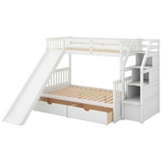 Euroco Wood Twin over Full Bunk Bed with 2 Drawers and Slide, Storage Staircase for Bedroom, White
