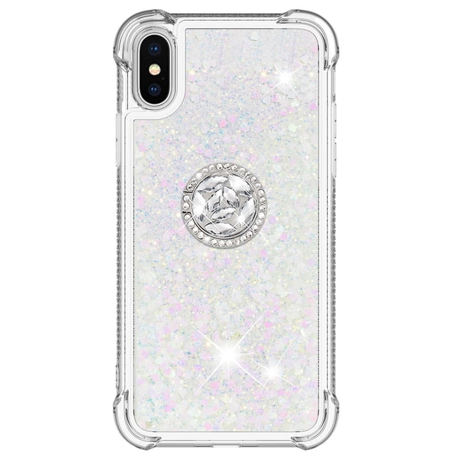 Funda para iPhone X/iPhone XS con Brillo Líquido Flotante, Purpurina, Parachoques y Anillo Giratorio Soporte