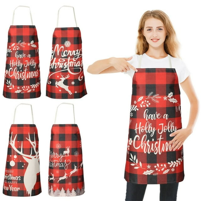 4 Pcs Christmas Aprons, Adjustable Kitchen Baking Aprons, Festive Snowflake Words in Red Black Plaid Pattern, Ideal for Kitchen Baking Parties